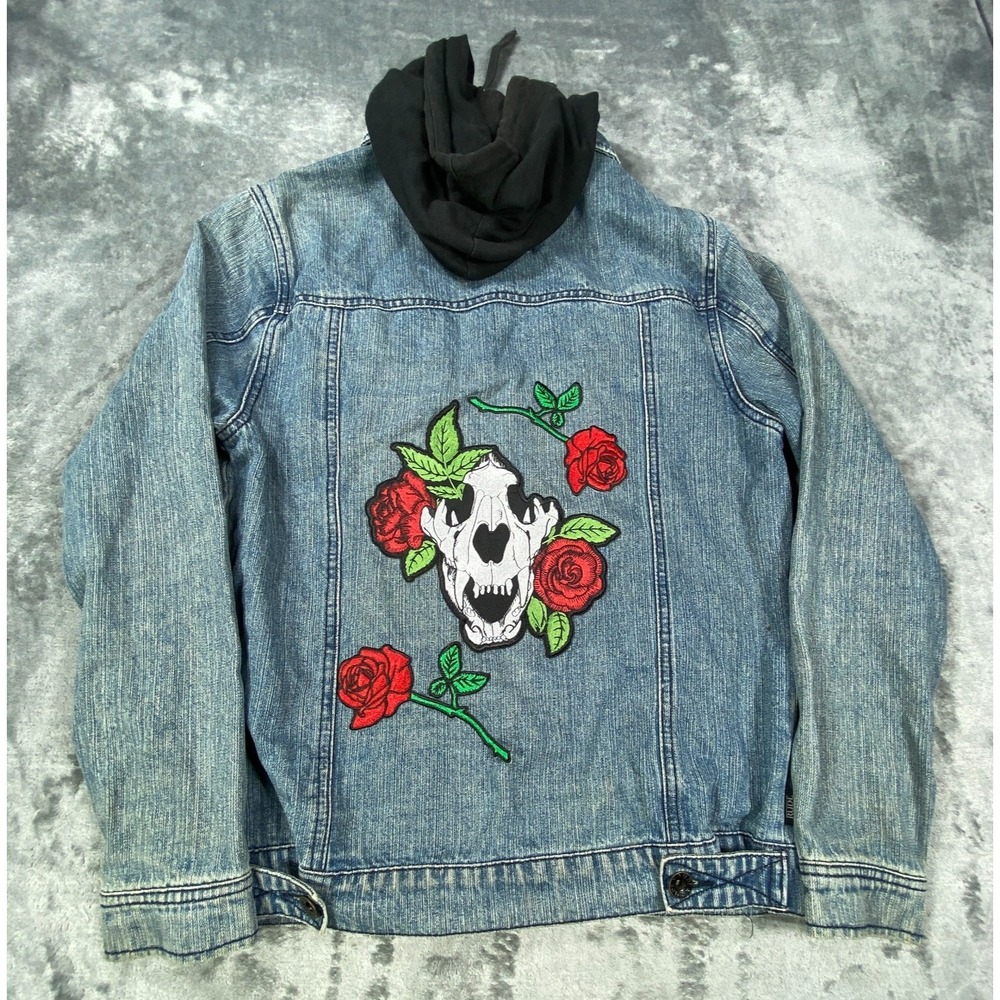 Rude Denim Hoodie Jacket Mens Small Skull Roses Floral Pleated Trucker Gothic